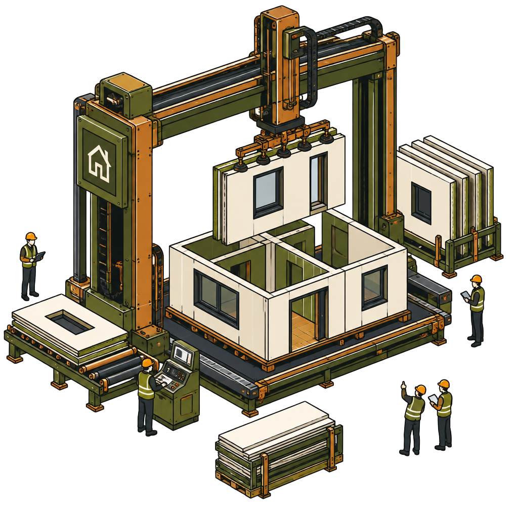 Illustration of a machine assembling wall panels into a modular house