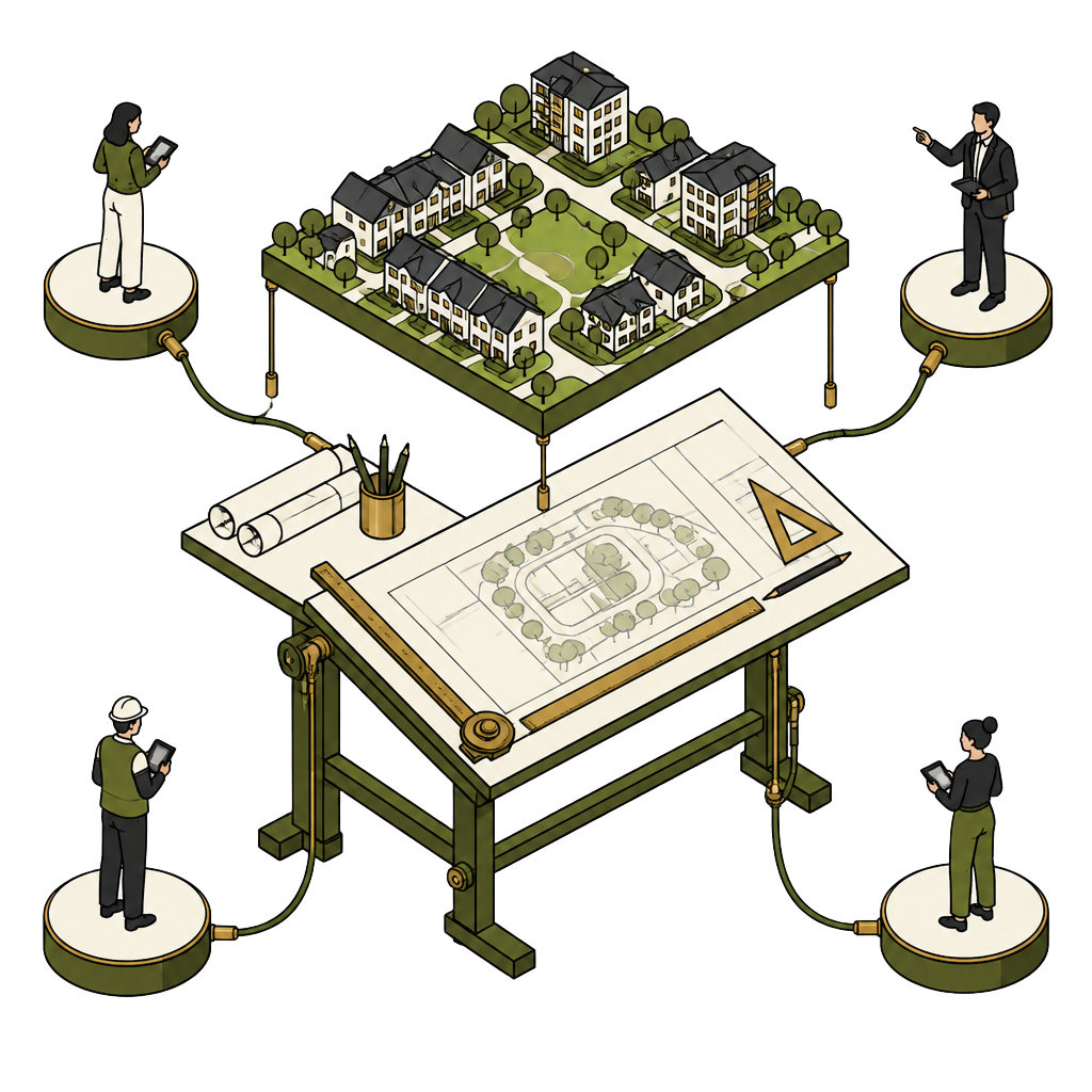 Illustration of a drafting table with a housing estate model