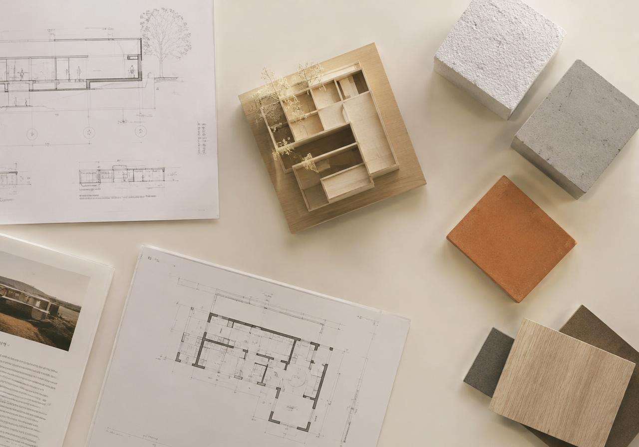 Architectural drawings, a timber model and material samples on a desk